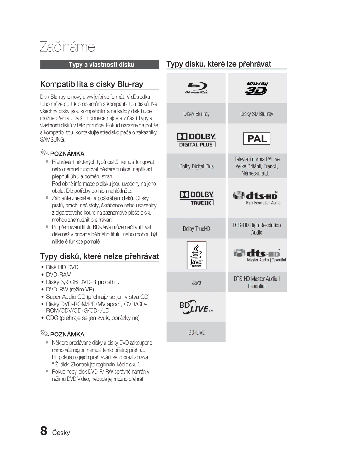 Samsung HT-C5900/EDC manual Kompatibilita s disky Blu-ray, Typy disků, které nelze přehrávat, Typy a vlastnosti disků 