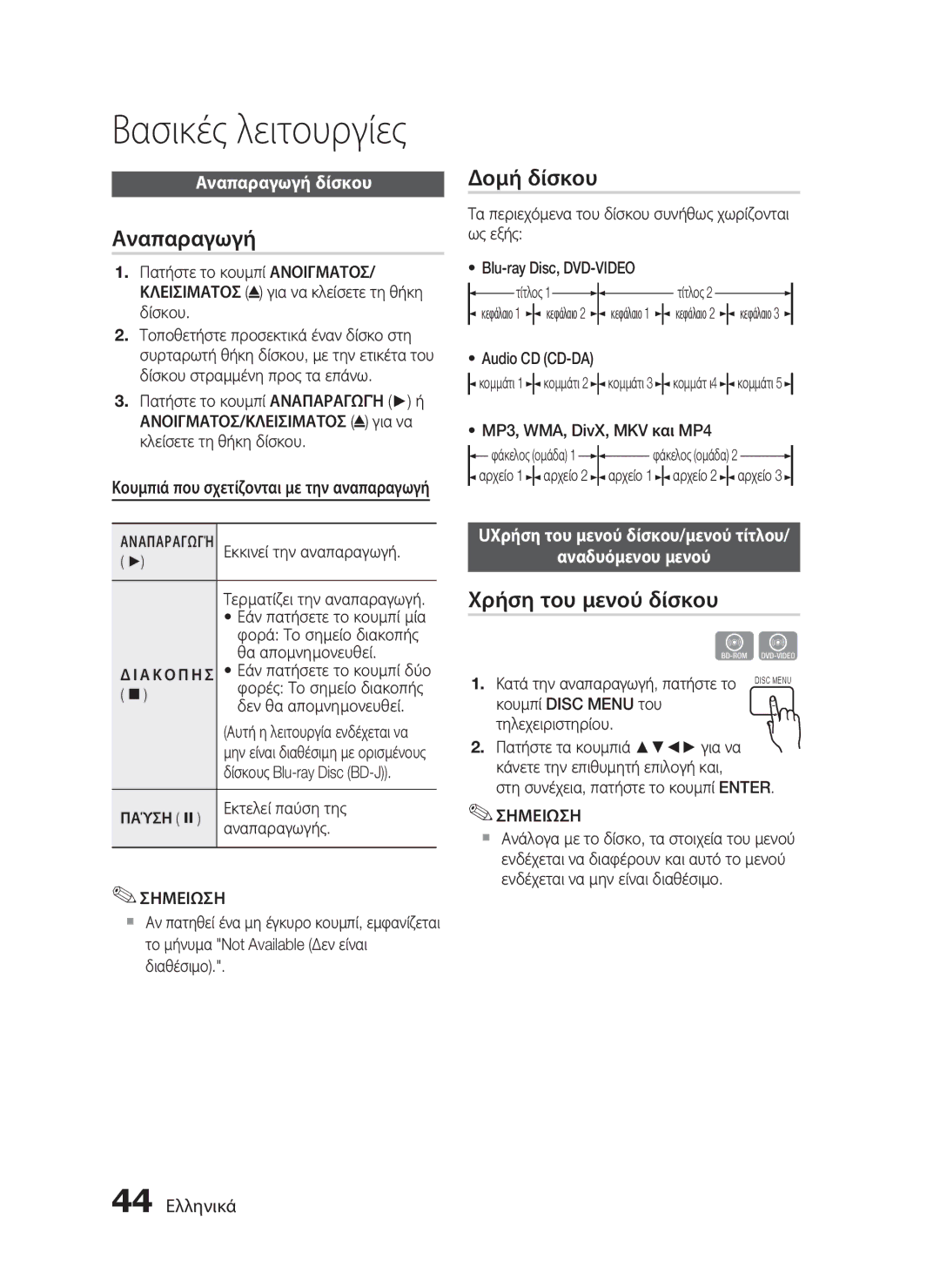 Samsung HT-C5900/EDC manual Βασικές λειτουργίες, Αναπαραγωγή, Δομή δίσκου, Χρήση του μενού δίσκου 