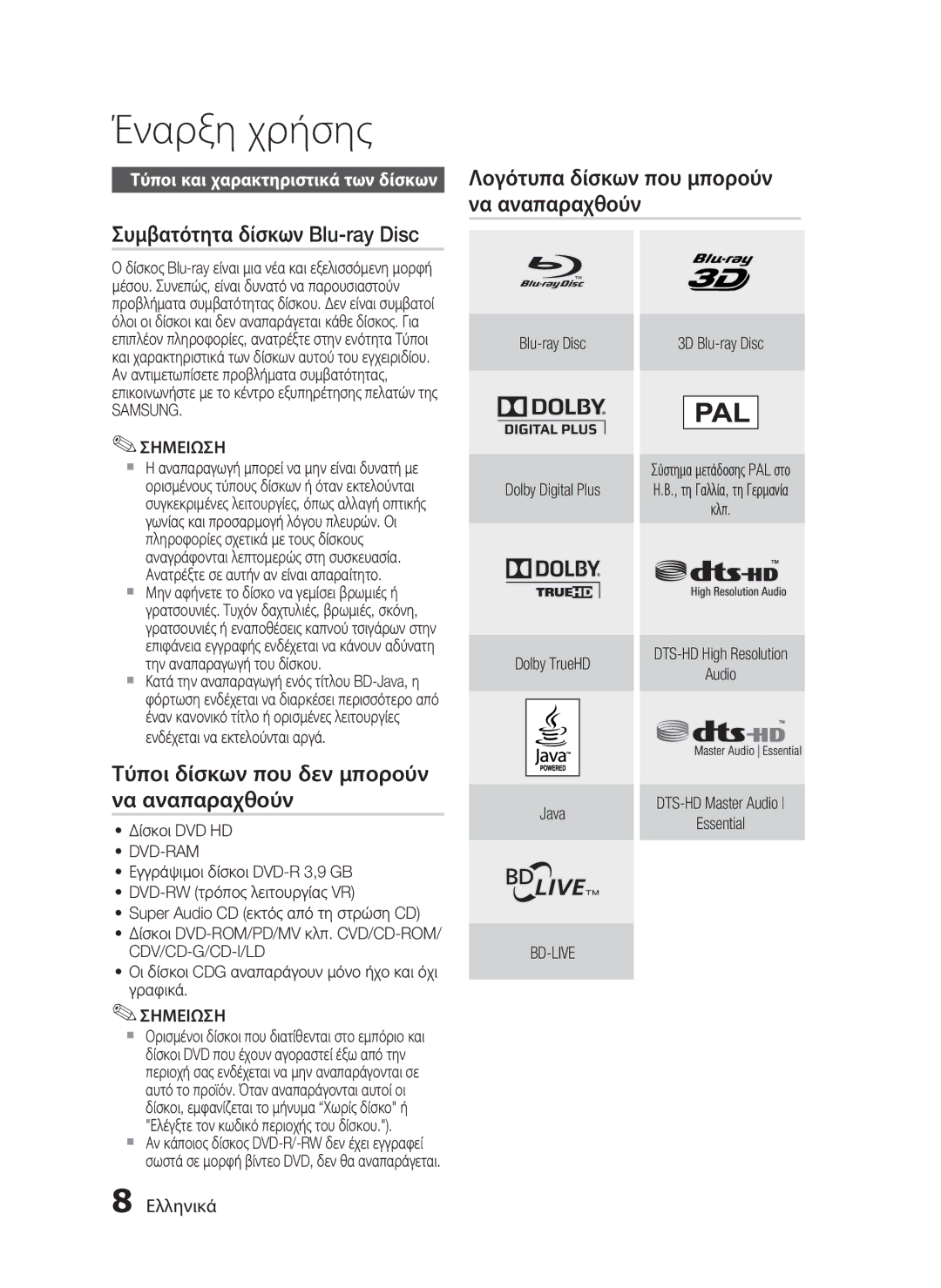 Samsung HT-C5900/EDC manual Έναρξη χρήσης, Συμβατότητα δίσκων Blu-ray Disc, Τύποι δίσκων που δεν μπορούν να αναπαραχθούν 