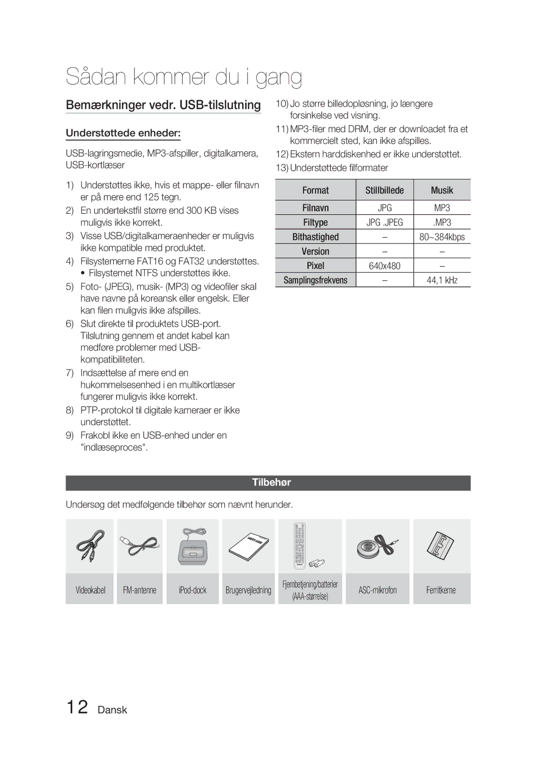 Samsung HT-C5900/XEE manual Bemærkninger vedr. USB-tilslutning, Understøttede enheder, Tilbehør, ASC-mikrofon Ferritkerne 