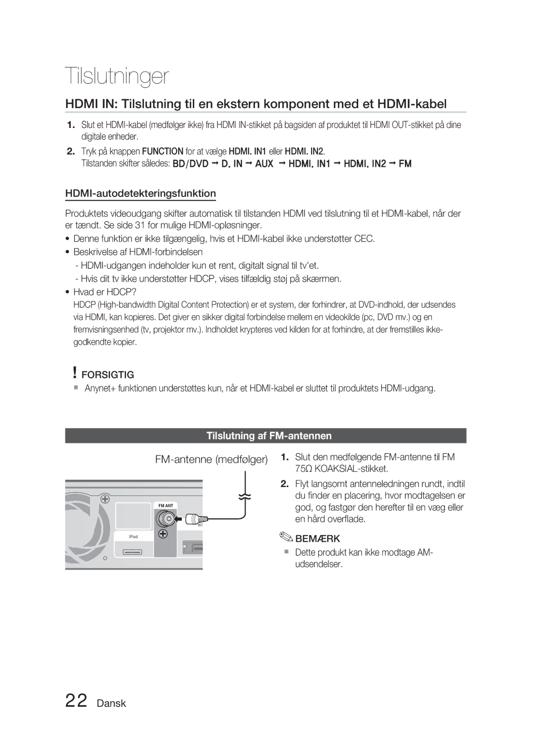 Samsung HT-C5900/XEE HDMI-autodetekteringsfunktion, Tilslutning af FM-antennen, Slut den medfølgende FM-antenne til FM 