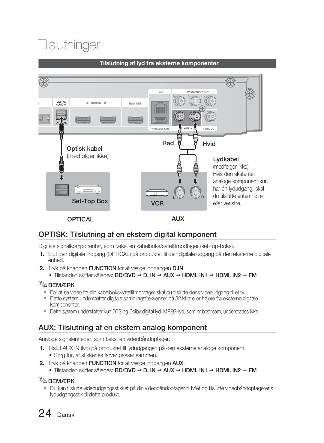 Samsung HT-C5900/XEE Optisk Tilslutning af en ekstern digital komponent, AUX Tilslutning af en ekstern analog komponent 