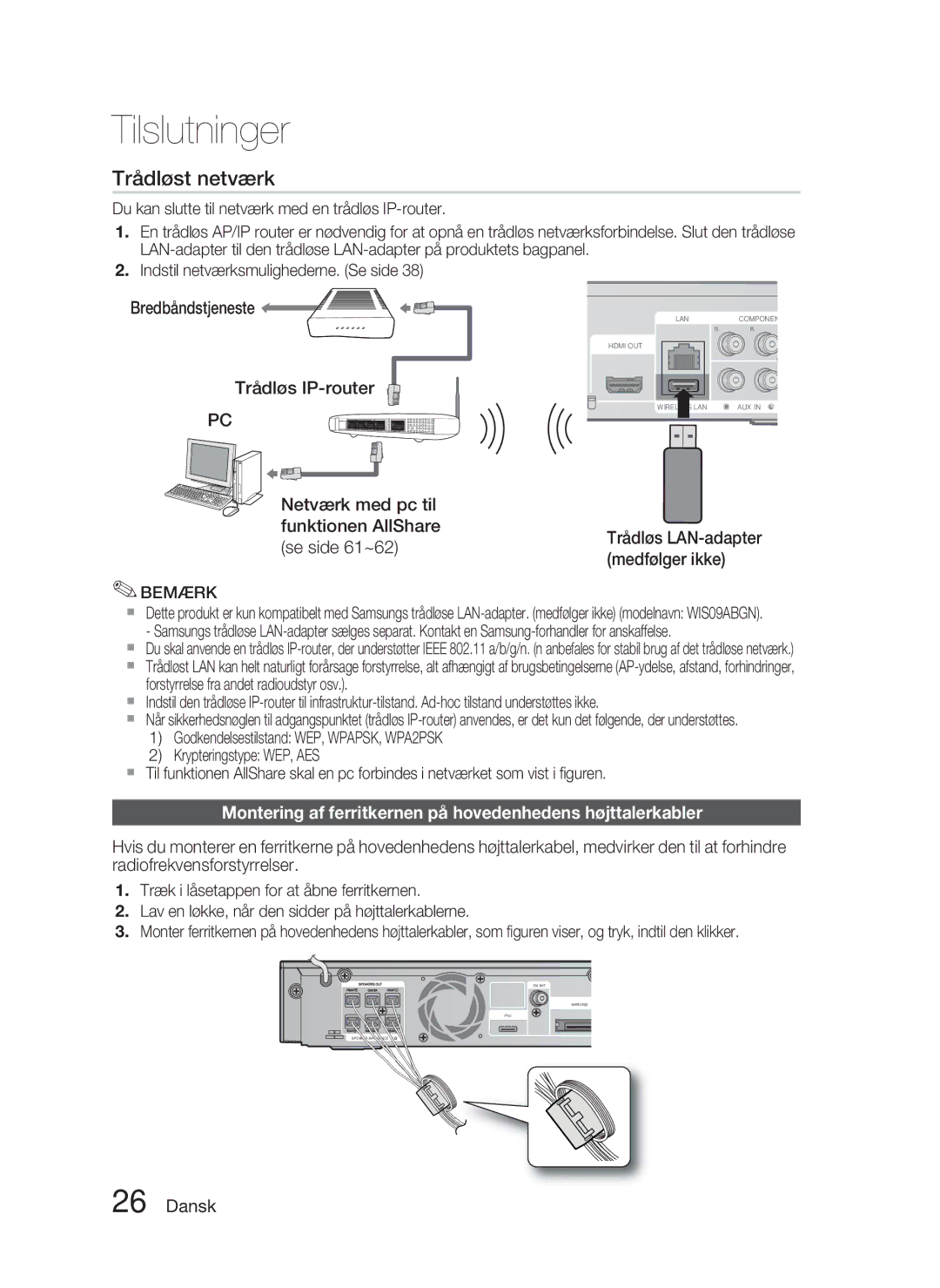 Samsung HT-C5900/XEE manual Montering af ferritkernen på hovedenhedens højttalerkabler, Trådløs LAN-adapter medfølger ikke 