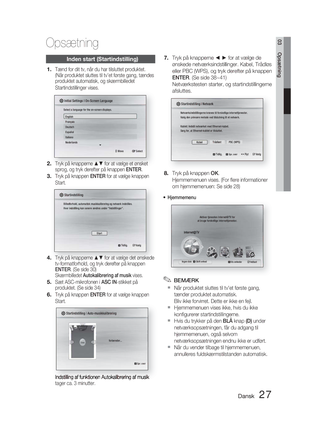 Samsung HT-C5900/XEE manual Opsætning, Inden start Startindstilling 