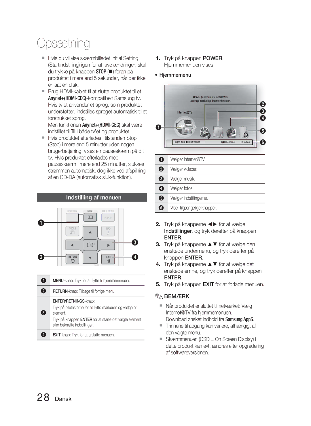 Samsung HT-C5900/XEE manual Indstilling af menuen, Enter 