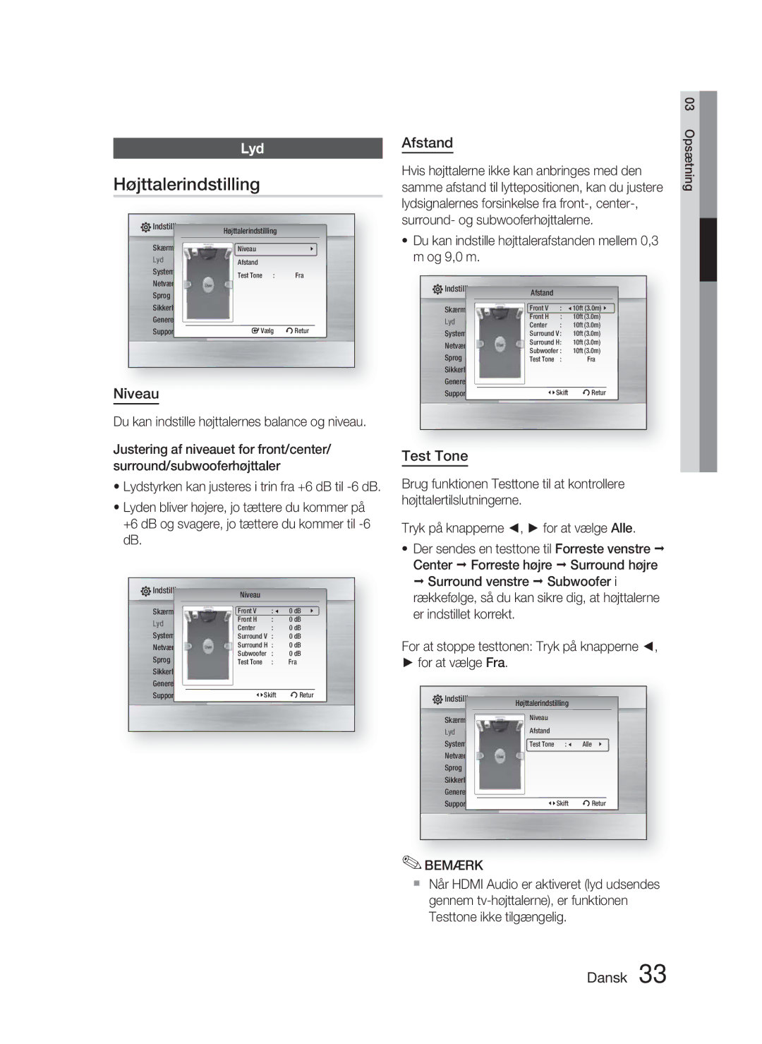 Samsung HT-C5900/XEE manual Højttalerindstilling, Lyd, Niveau, Afstand, Test Tone 