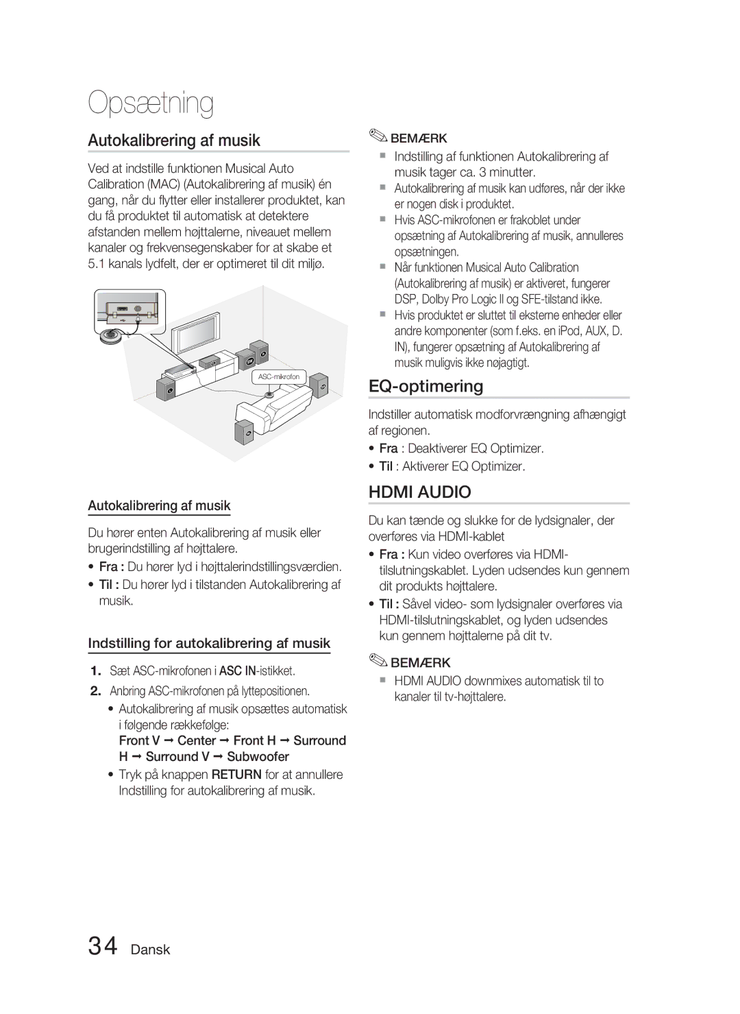 Samsung HT-C5900/XEE manual Autokalibrering af musik, EQ-optimering, Indstilling for autokalibrering af musik 