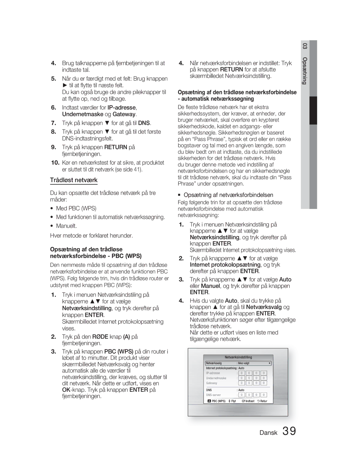 Samsung HT-C5900/XEE manual Trådløst netværk, Opsætning af den trådløse netværksforbindelse PBC WPS 