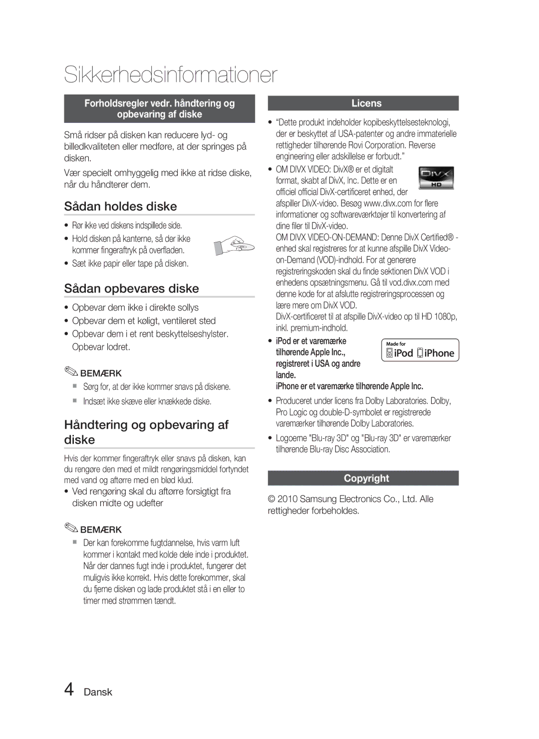 Samsung HT-C5900/XEE manual Sådan holdes diske, Sådan opbevares diske, Håndtering og opbevaring af diske 