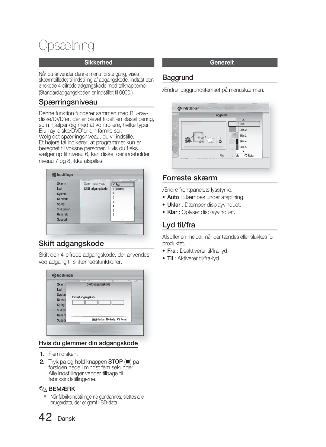 Samsung HT-C5900/XEE manual Spærringsniveau, Skift adgangskode, Baggrund, Forreste skærm, Lyd til/fra 