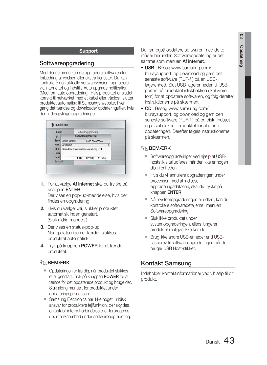 Samsung HT-C5900/XEE manual Softwareopgradering, Kontakt Samsung, Support 