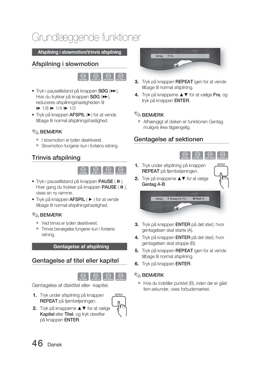 Samsung HT-C5900/XEE manual Afspilning i slowmotion, Gentagelse af sektionen Trinvis afspilning, Gentagelse af afspilning 