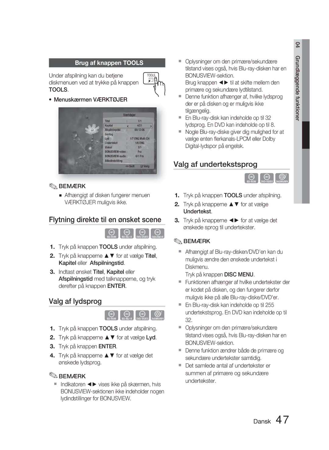 Samsung HT-C5900/XEE manual Flytning direkte til en ønsket scene, Valg af lydsprog, Valg af undertekstsprog, Tools 