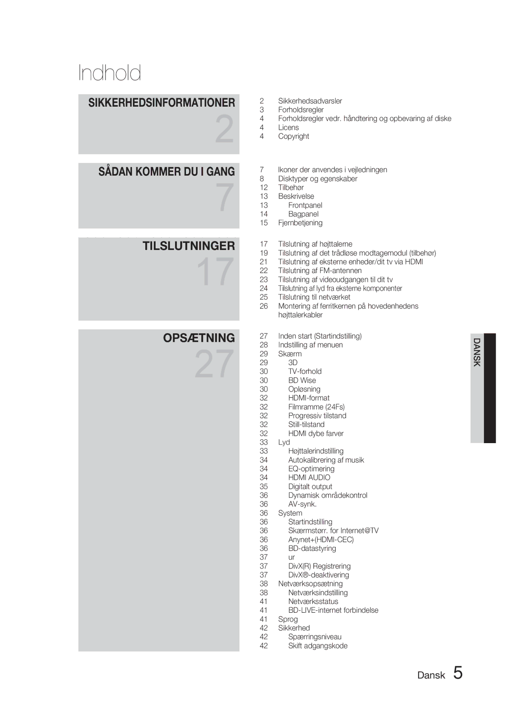 Samsung HT-C5900/XEE manual Indhold, Sådan Kommer DU I Gang Tilslutninger Opsætning 