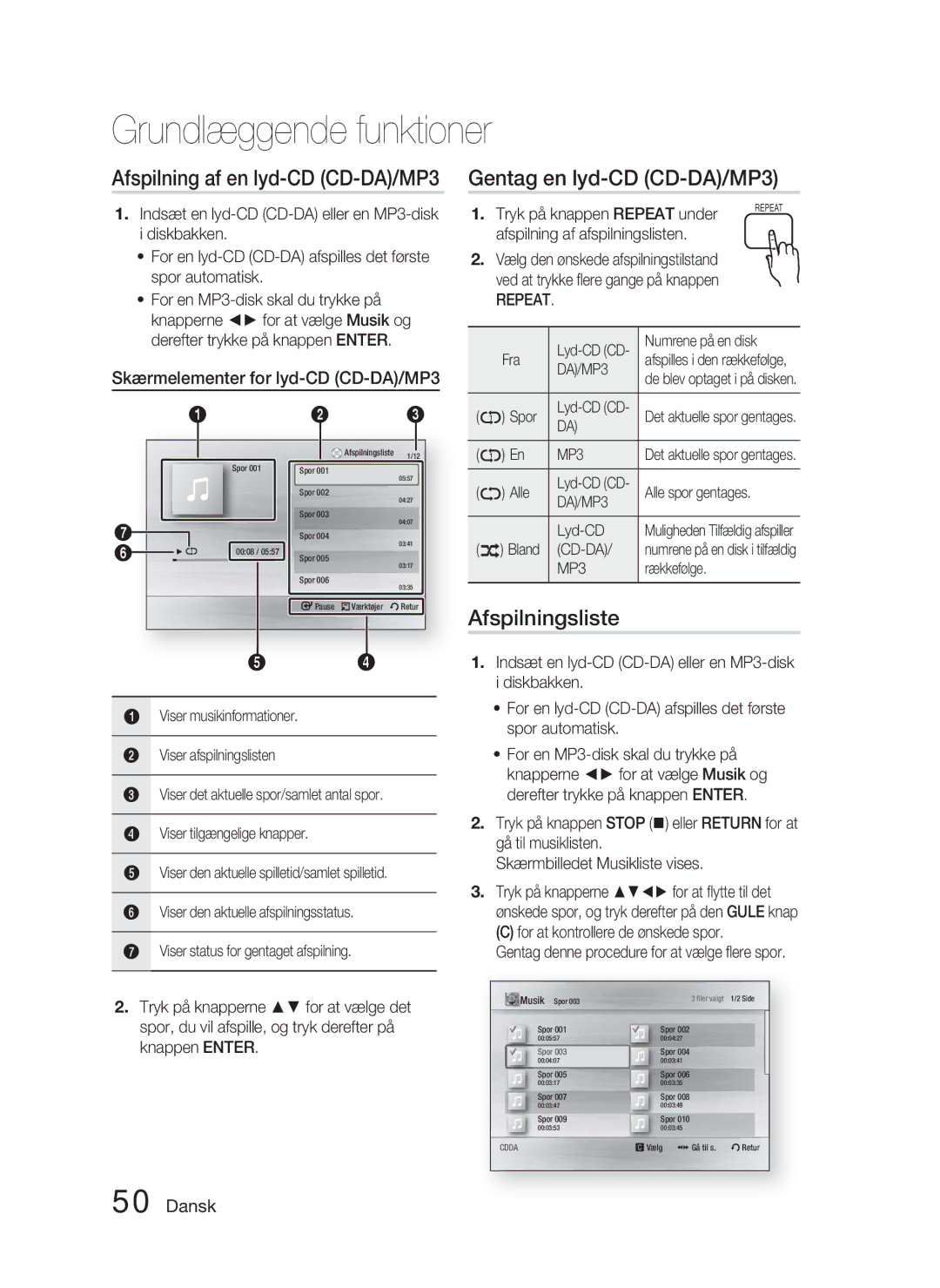 Samsung HT-C5900/XEE manual Gentag en lyd-CD CD-DA/MP3, Afspilningsliste, Skærmelementer for lyd-CD CD-DA/MP3 