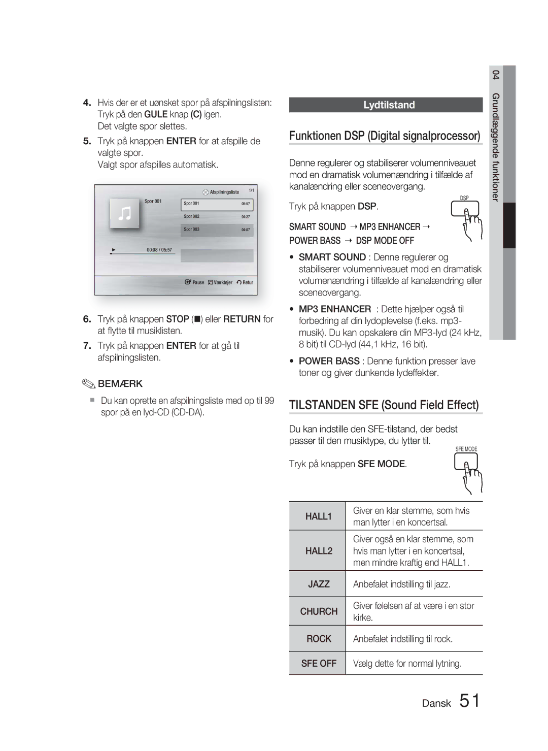 Samsung HT-C5900/XEE manual Tilstanden SFE Sound Field Effect, Lydtilstand 