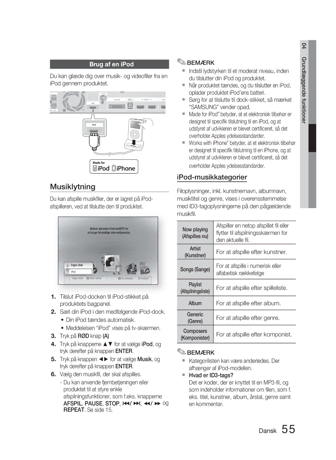 Samsung HT-C5900/XEE manual Musiklytning, Brug af en iPod 