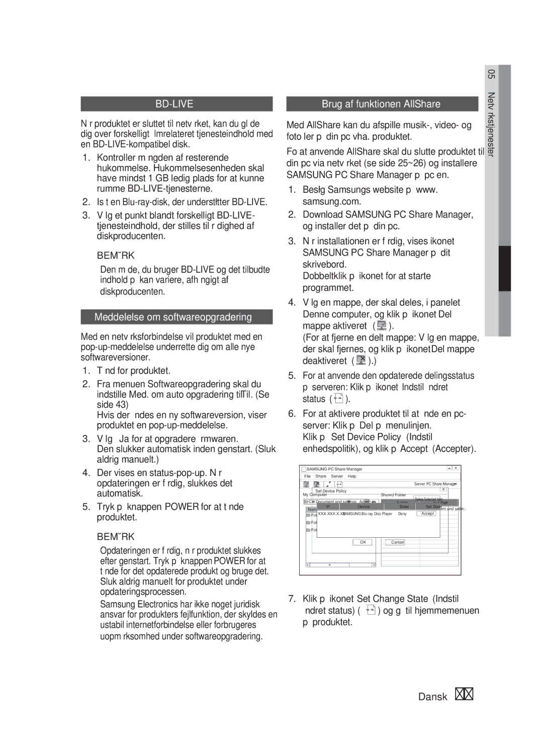 Samsung HT-C5900/XEE manual Meddelelse om softwareopgradering, Brug af funktionen AllShare 