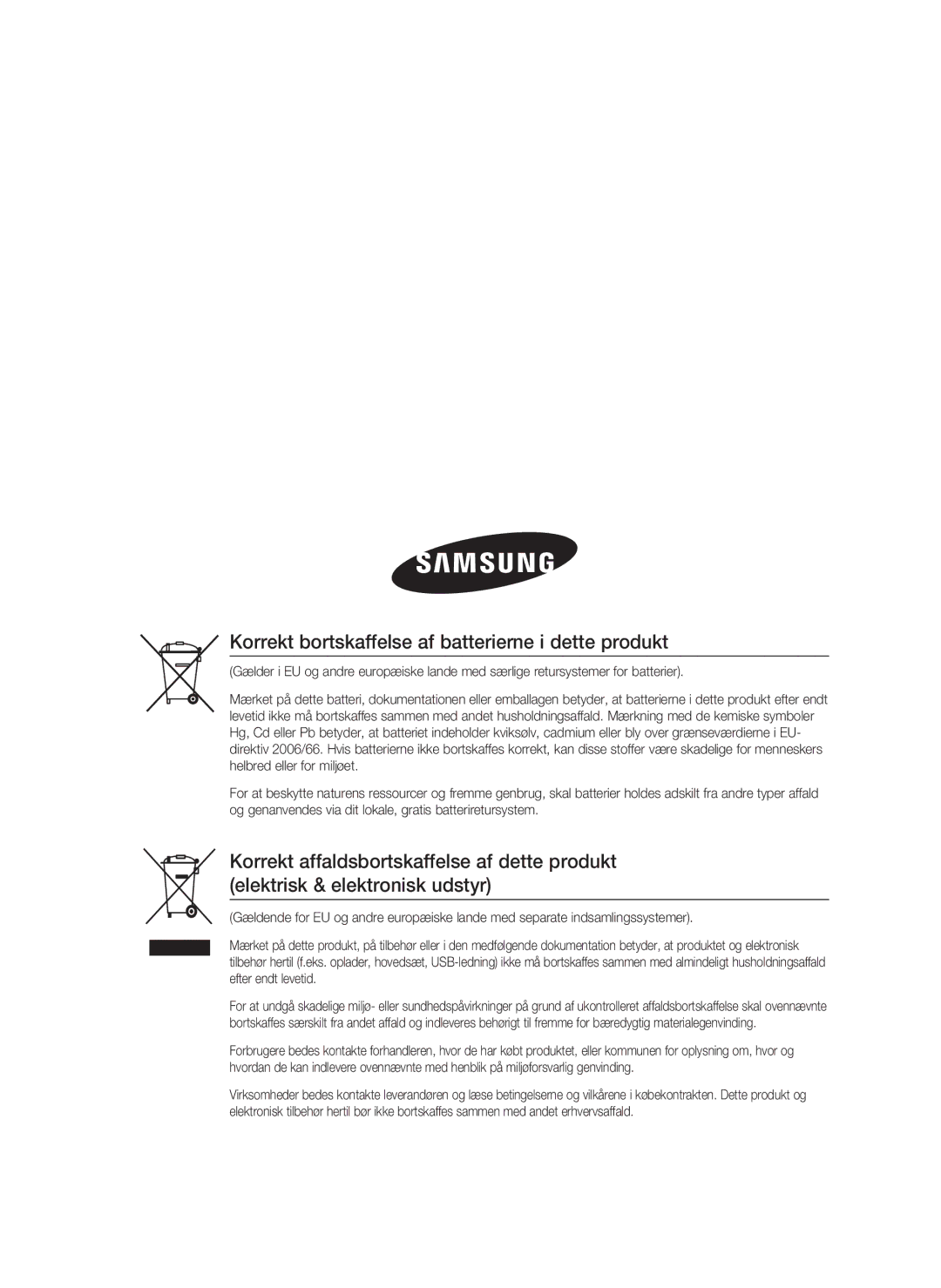 Samsung HT-C5900/XEE manual Korrekt bortskaffelse af batterierne i dette produkt 