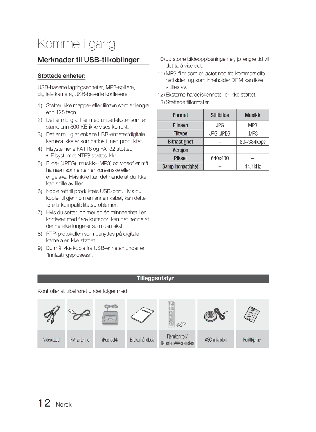 Samsung HT-C5900/XEE manual Merknader til USB-tilkoblinger, Støttede enheter, Tilleggsutstyr, Fjernkontroll 