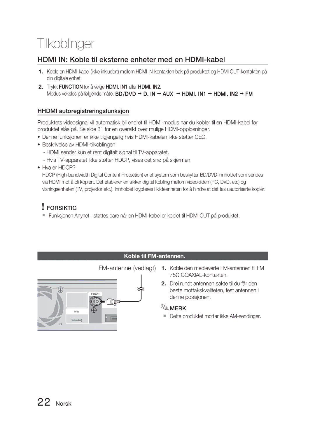 Samsung HT-C5900/XEE manual Hdmi in Koble til eksterne enheter med en HDMI-kabel, Hhdmi autoregistreringsfunksjon 