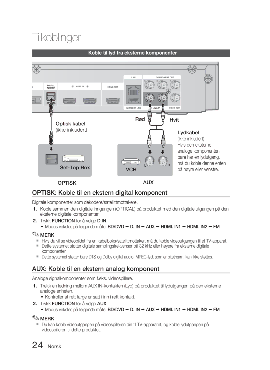 Samsung HT-C5900/XEE manual Optisk Koble til en ekstern digital komponent, AUX Koble til en ekstern analog komponent, Hvit 