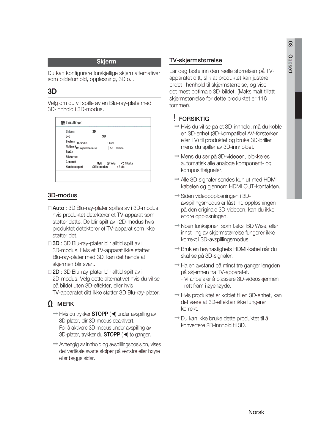 Samsung HT-C5900/XEE manual Skjerm, 3D-modus, TV-skjermstørrelse 