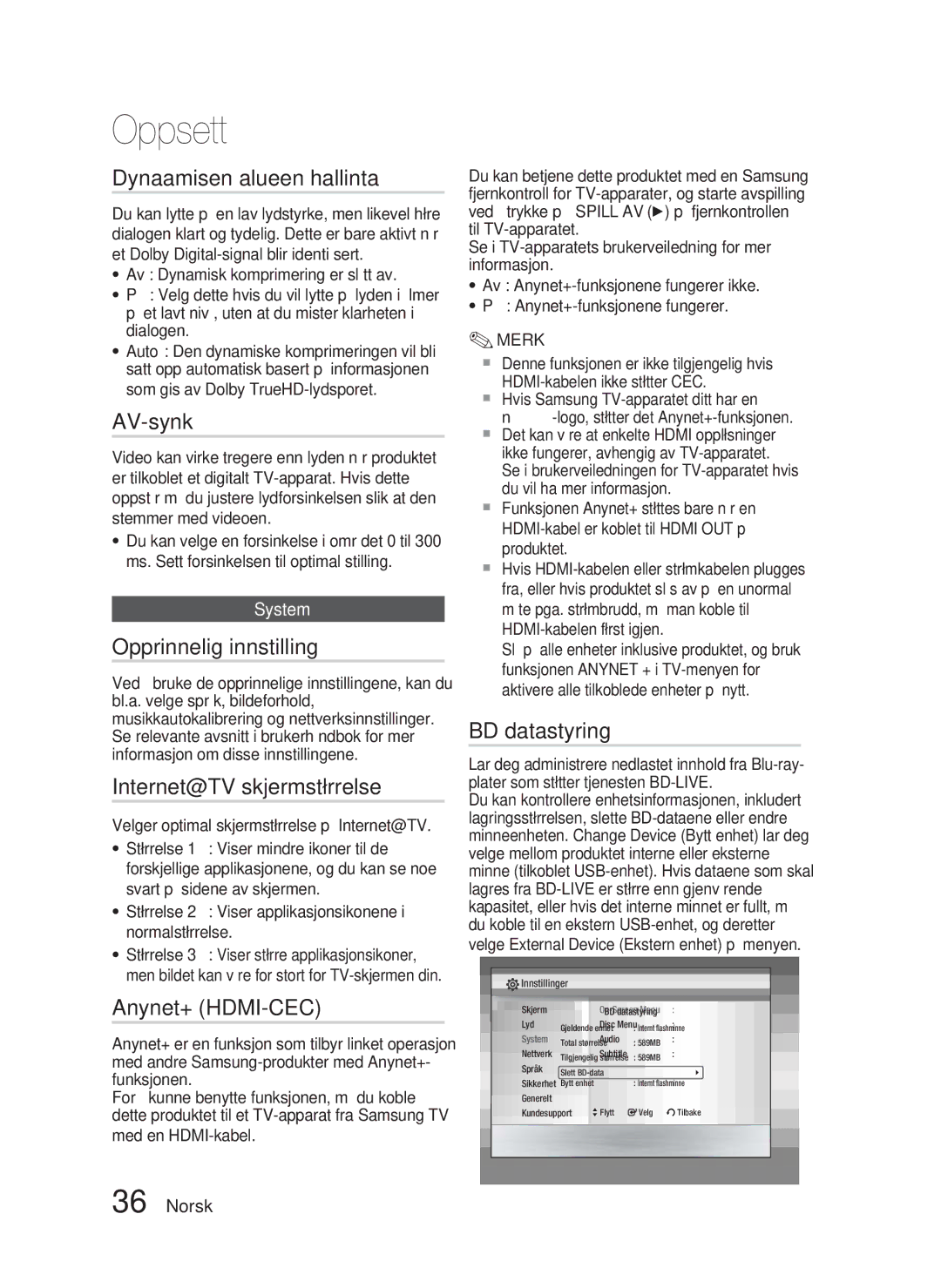 Samsung HT-C5900/XEE manual Dynaamisen alueen hallinta, AV-synk, Opprinnelig innstilling, Internet@TV skjermstørrelse 