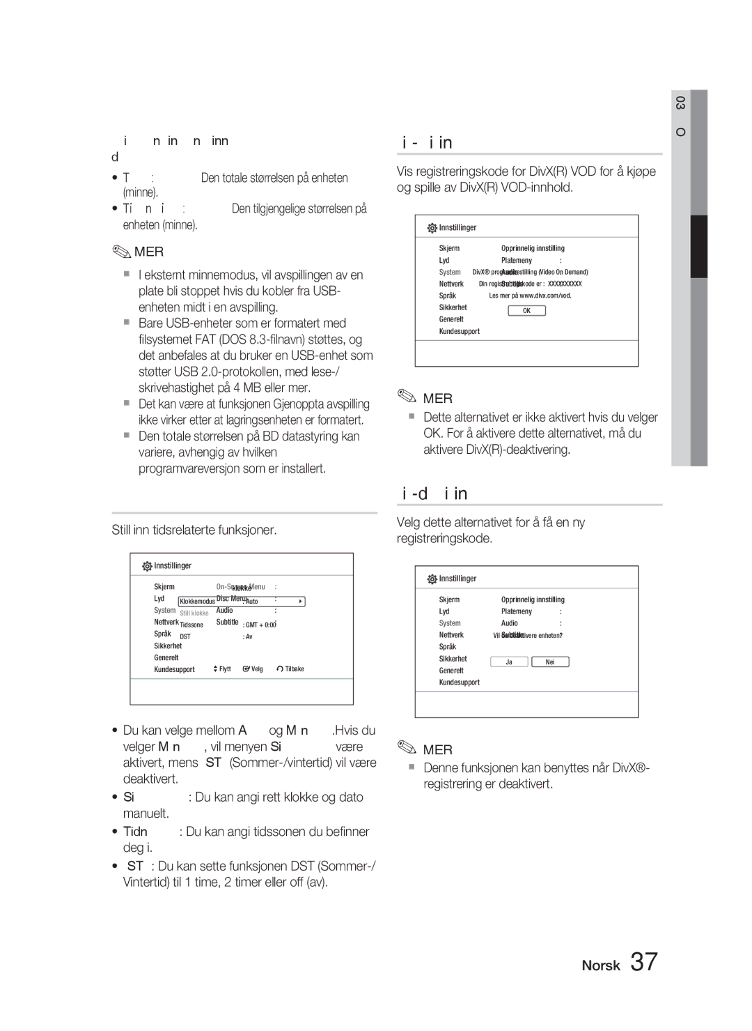 Samsung HT-C5900/XEE manual DivX-registrering, Klokke, DivX-deaktivering, Still inn tidsrelaterte funksjoner 