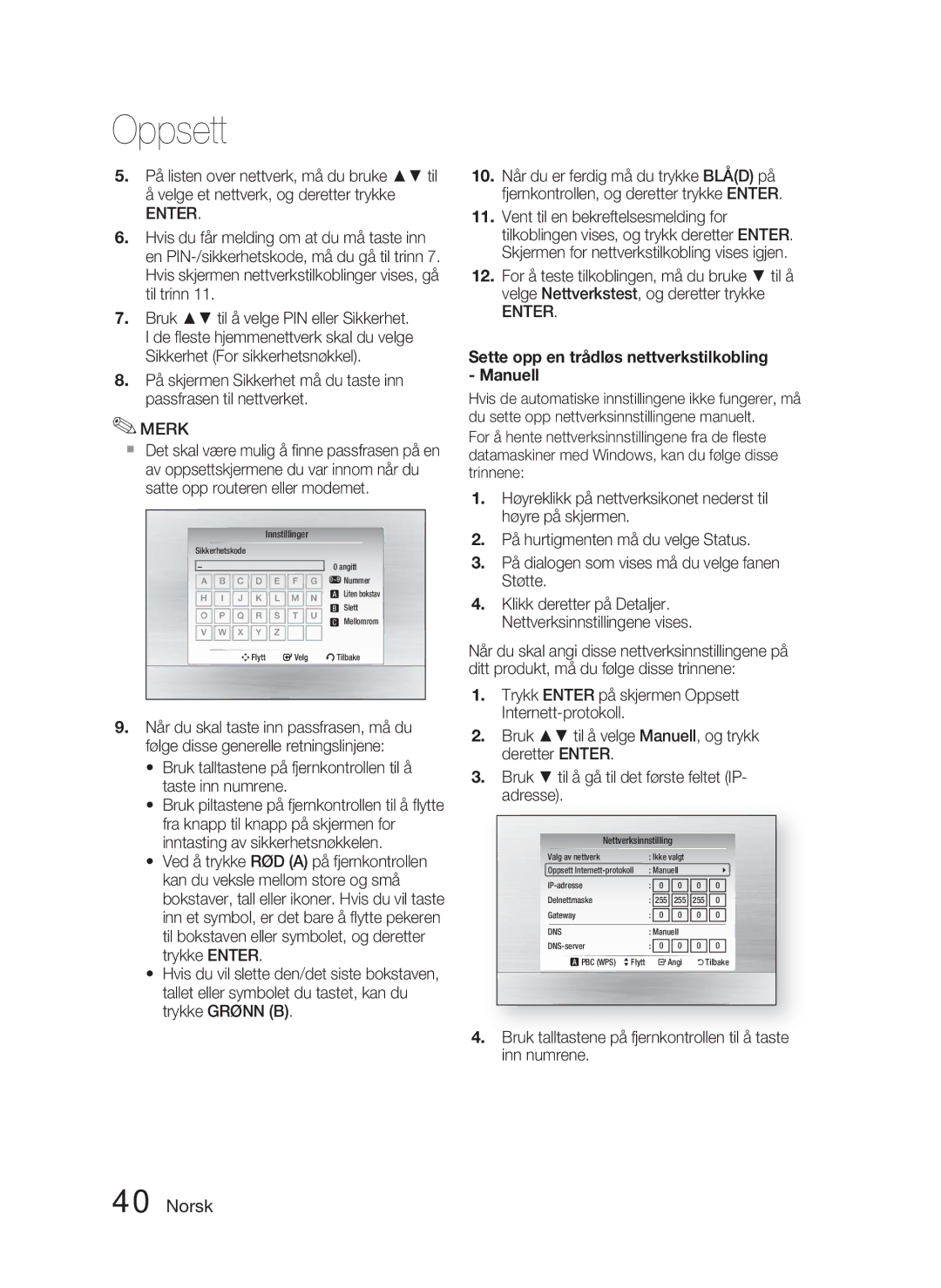 Samsung HT-C5900/XEE manual Sette opp en trådløs nettverkstilkobling Manuell 