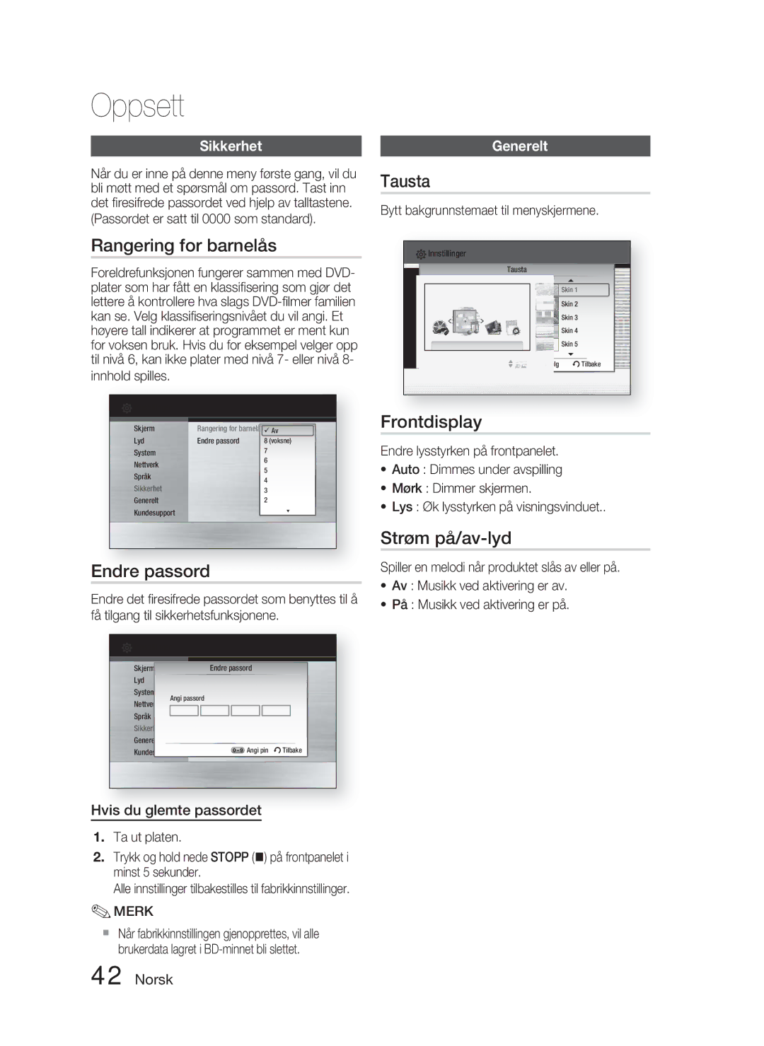 Samsung HT-C5900/XEE manual Rangering for barnelås, Tausta, Frontdisplay, Endre passord, Strøm på/av-lyd 