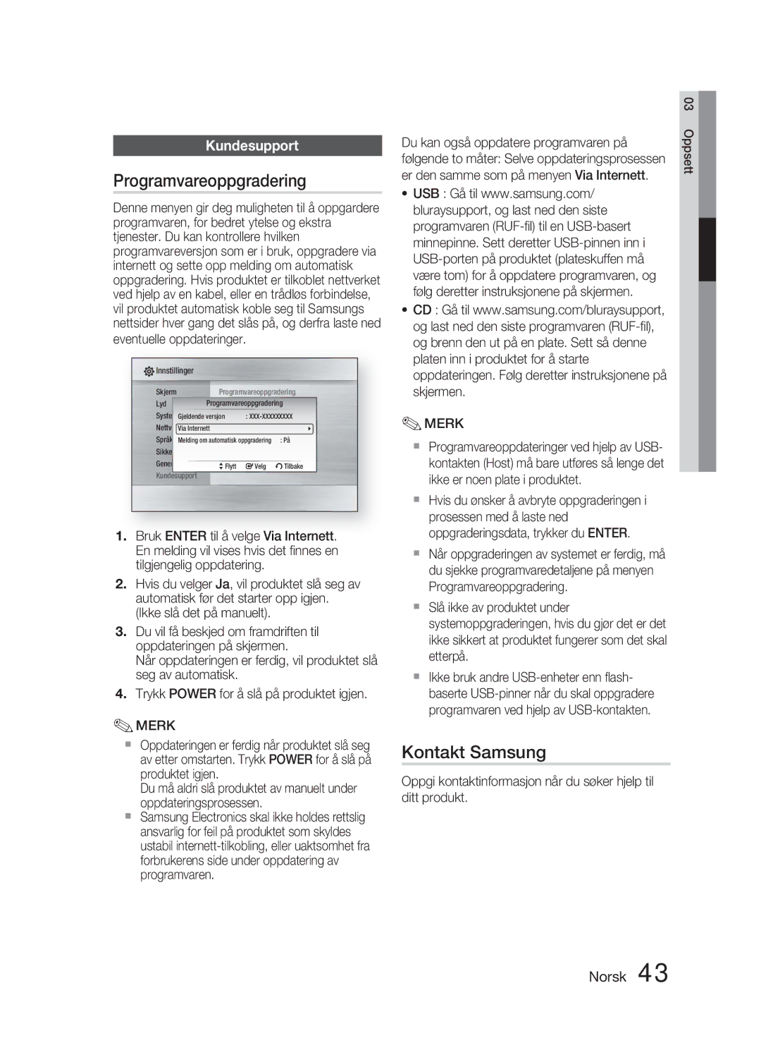 Samsung HT-C5900/XEE manual Programvareoppgradering, Kontakt Samsung, Kundesupport 