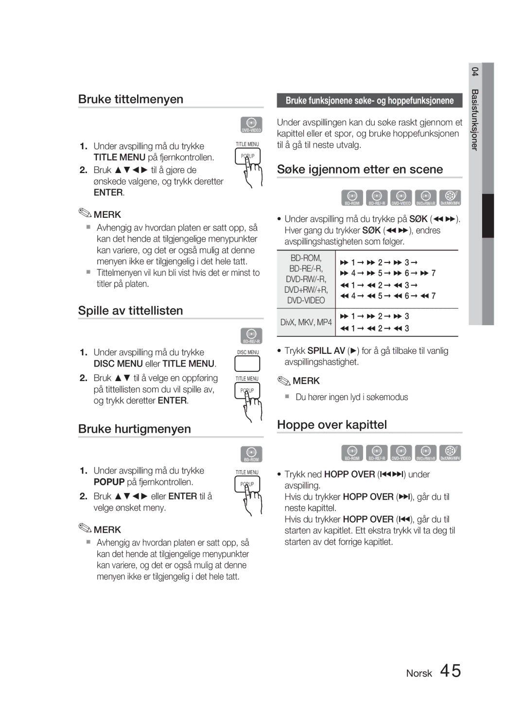 Samsung HT-C5900/XEE manual Bruke tittelmenyen, Spille av tittellisten, Bruke hurtigmenyen, Hoppe over kapittel, Bd-Rom 