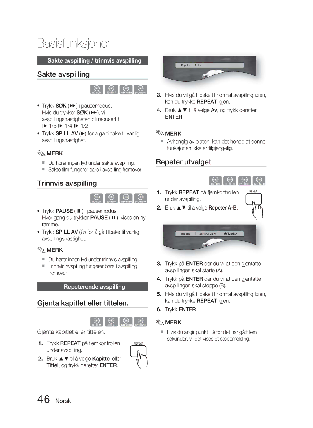 Samsung HT-C5900/XEE manual Sakte avspilling, Trinnvis avspilling, Gjenta kapitlet eller tittelen, Repeter utvalget 