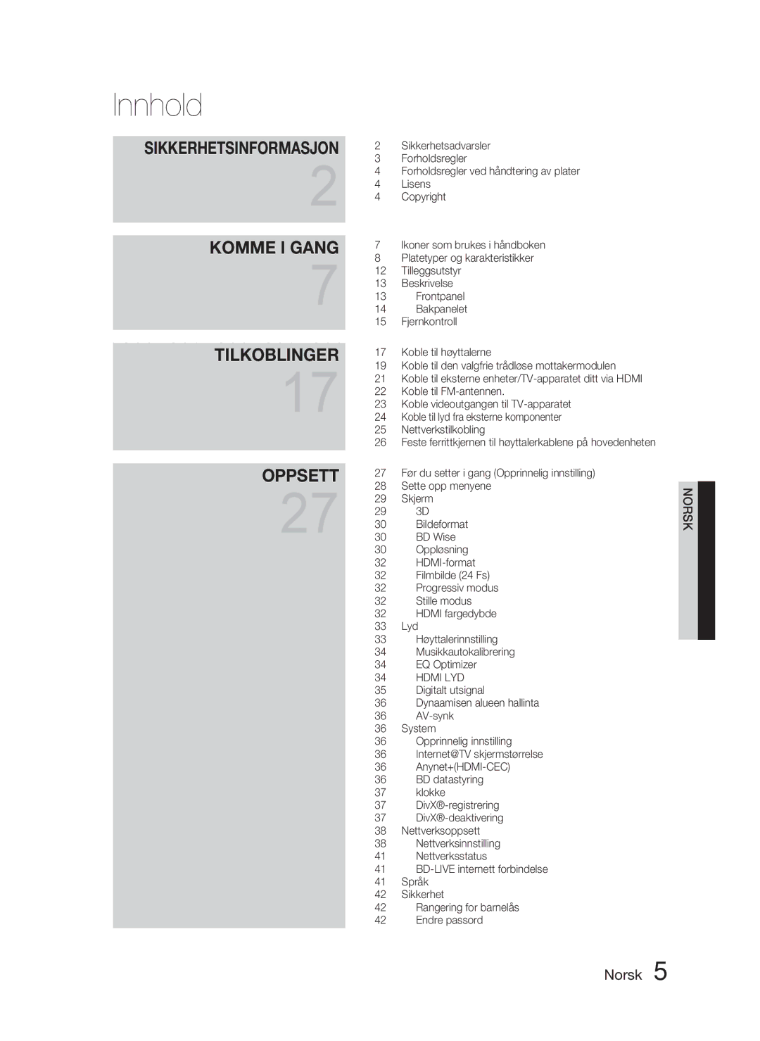 Samsung HT-C5900/XEE manual Innhold, Komme I Gang 