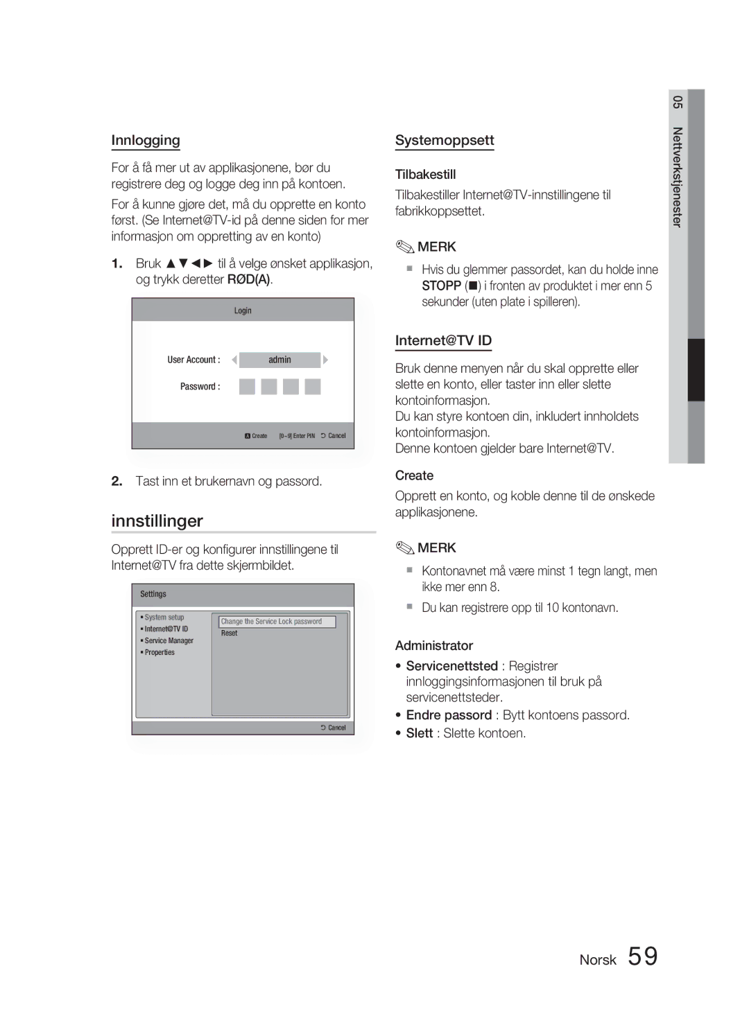 Samsung HT-C5900/XEE manual Innstillinger, Innlogging, Systemoppsett, Internet@TV ID 