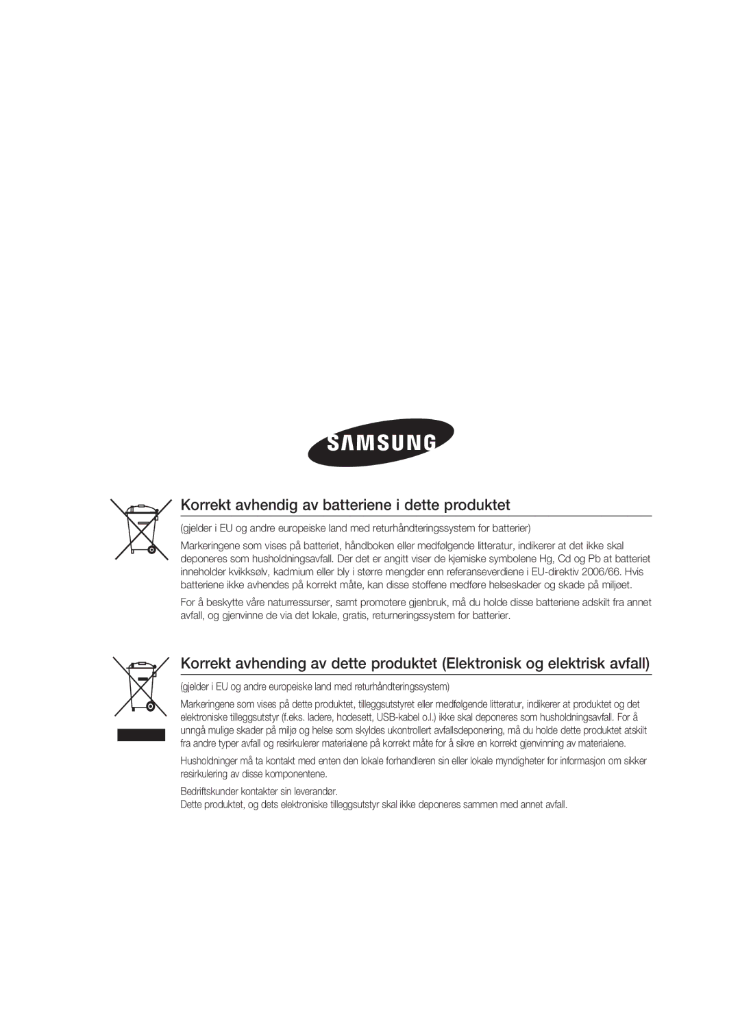 Samsung HT-C5900/XEE manual Korrekt avhendig av batteriene i dette produktet 