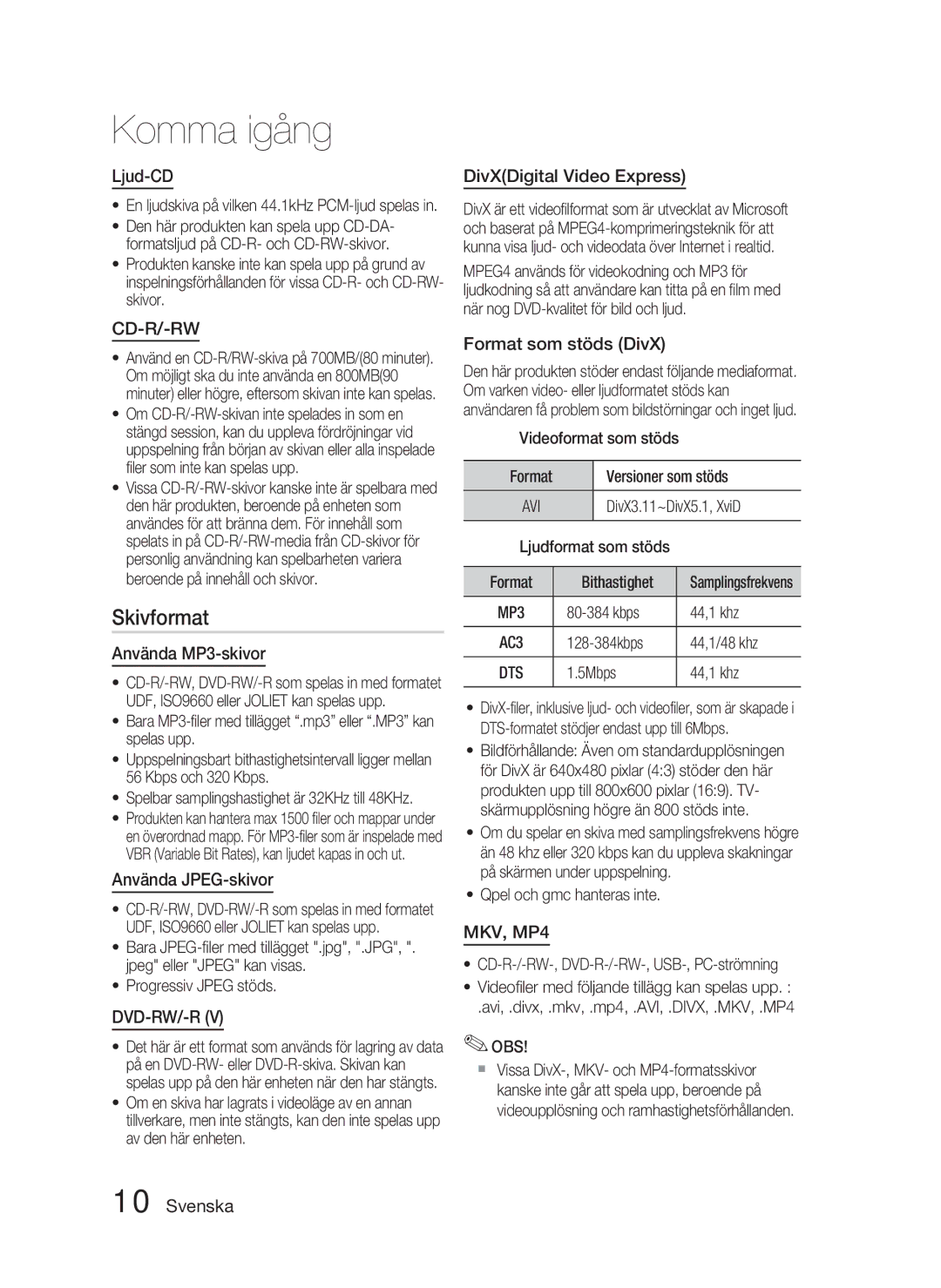 Samsung HT-C5900/XEE manual Skivformat 