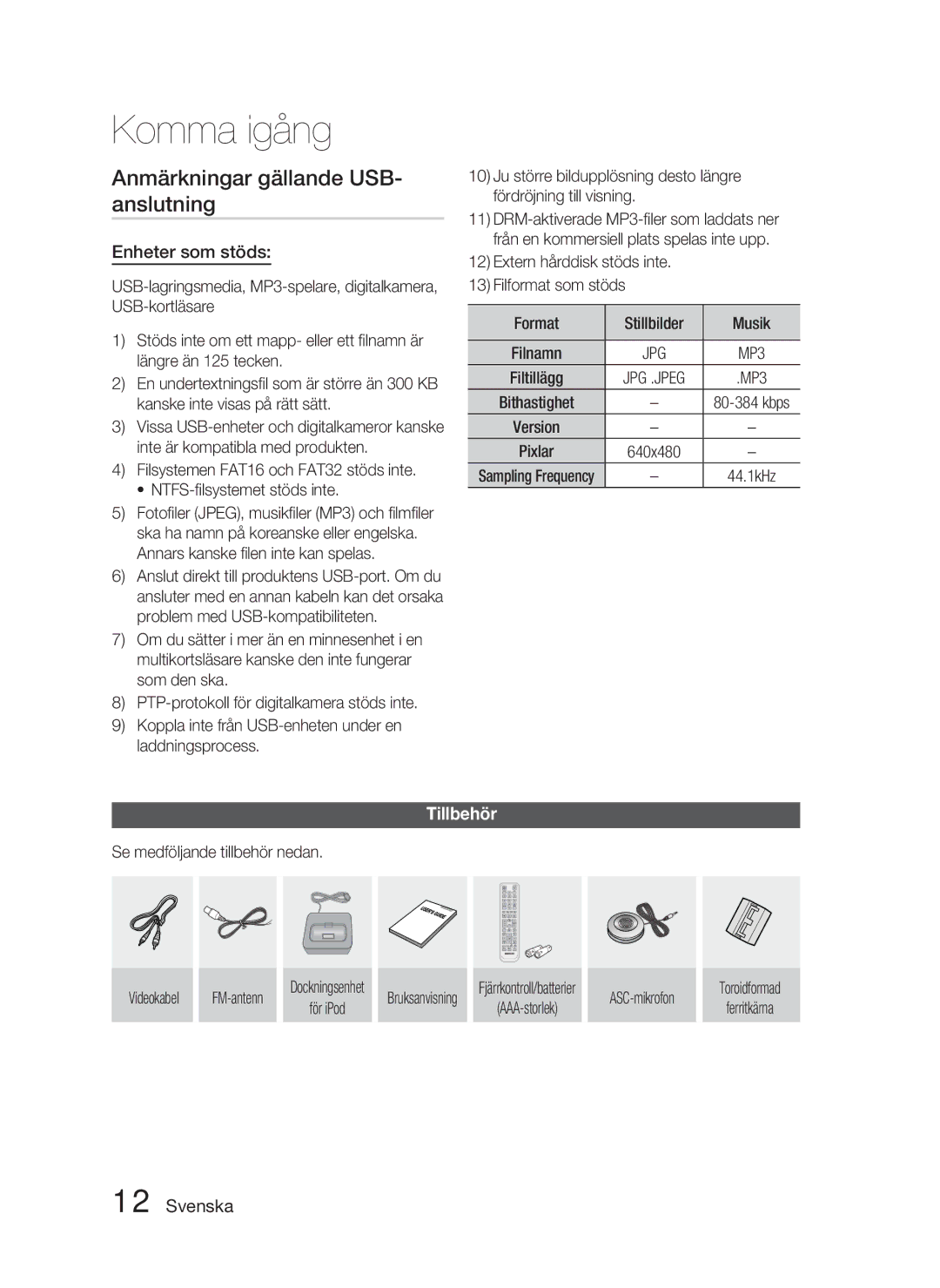 Samsung HT-C5900/XEE manual Anmärkningar gällande USB- anslutning, Enheter som stöds, Tillbehör 