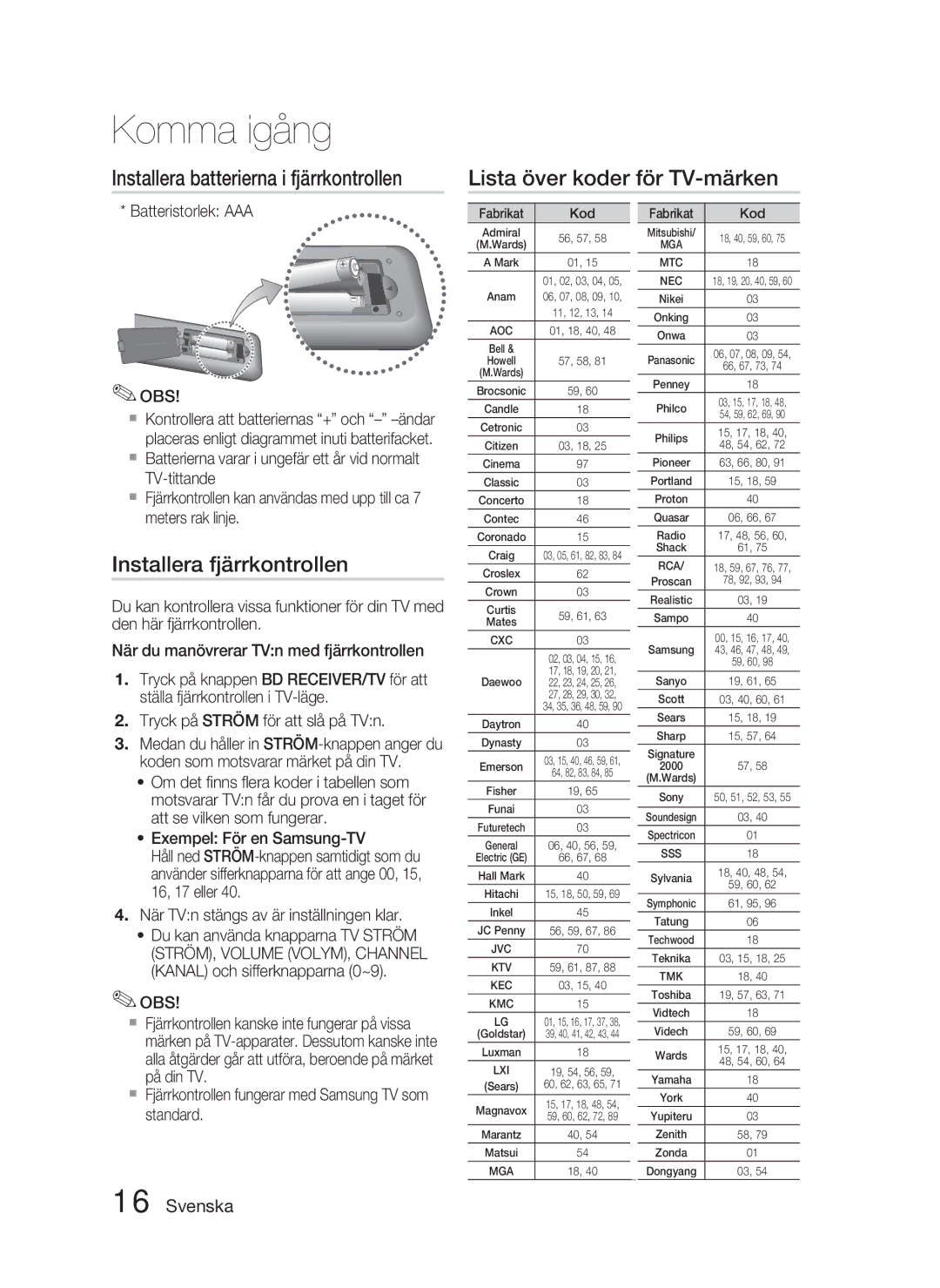 Samsung HT-C5900/XEE manual Installera fjärrkontrollen, Batteristorlek AAA OBS 