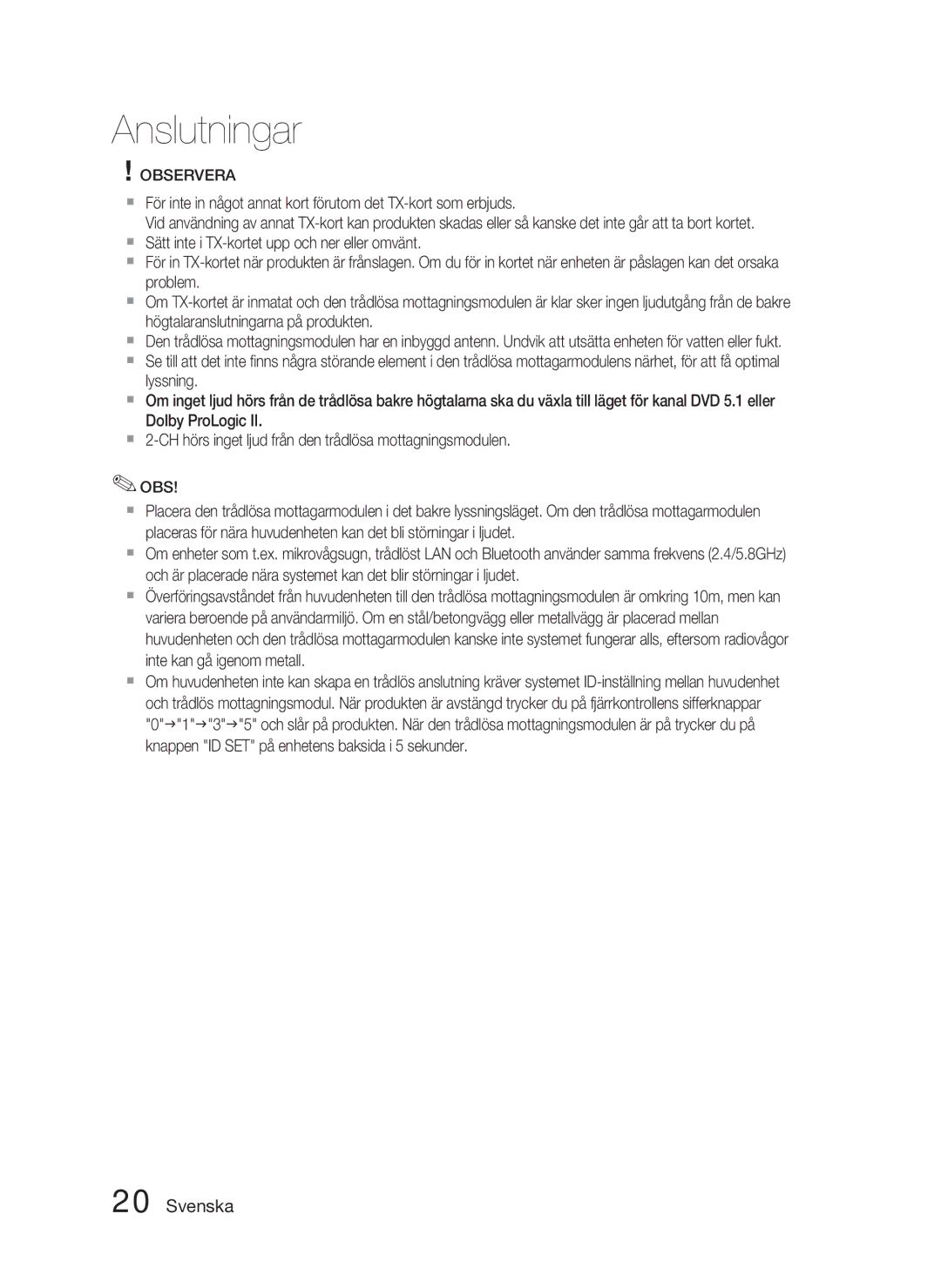 Samsung HT-C5900/XEE manual Knappen ID SET på enhetens baksida i 5 sekunder 