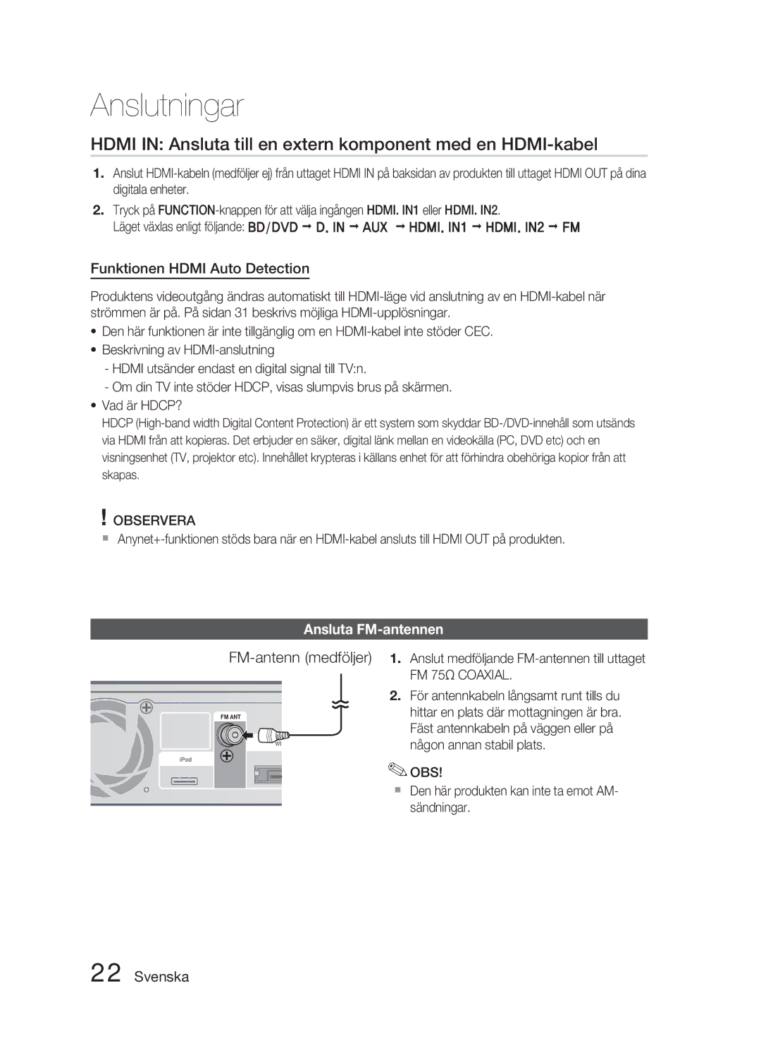 Samsung HT-C5900/XEE manual Hdmi in Ansluta till en extern komponent med en HDMI-kabel, Funktionen Hdmi Auto Detection 