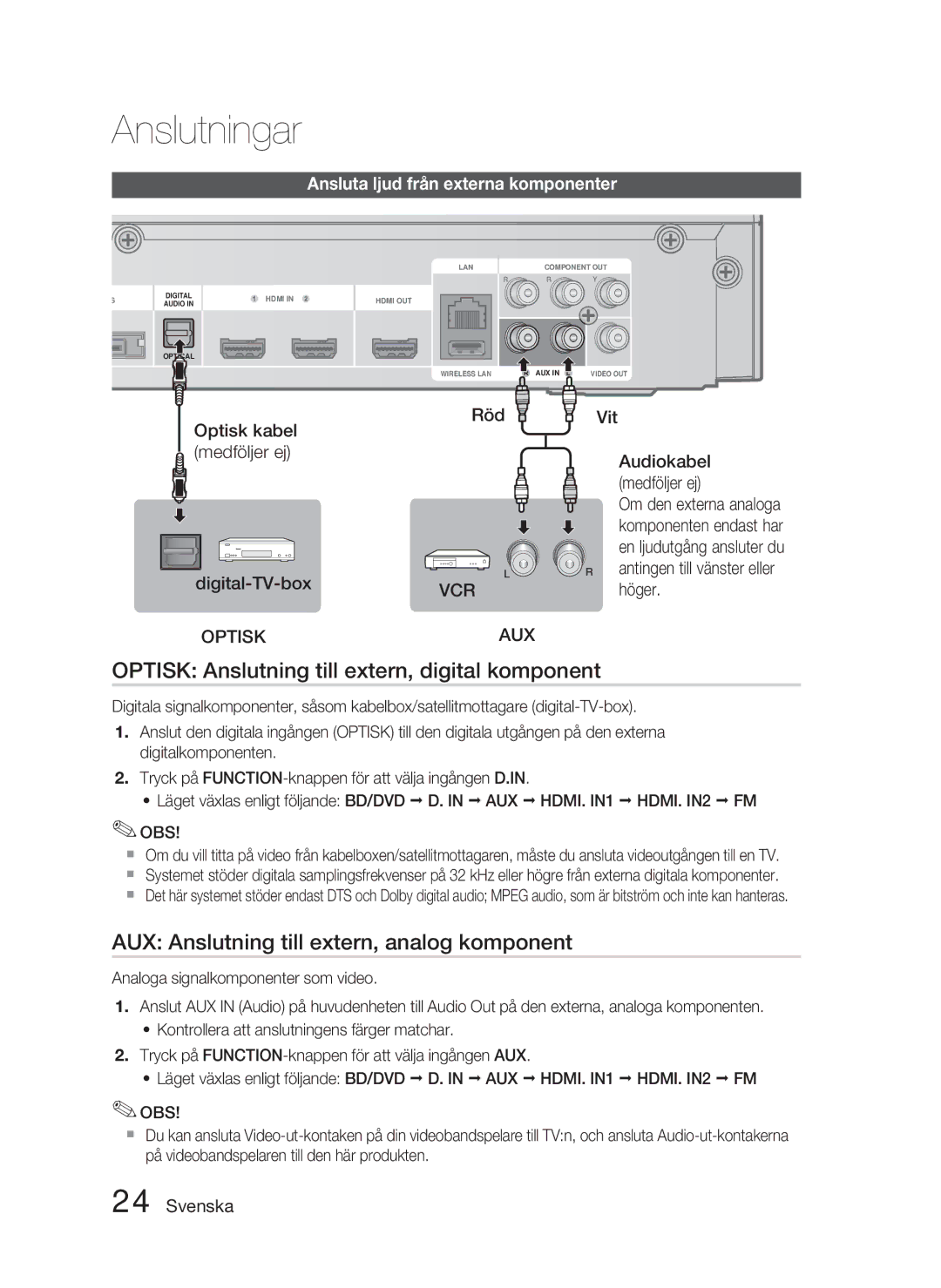 Samsung HT-C5900/XEE manual Optisk Anslutning till extern, digital komponent, AUX Anslutning till extern, analog komponent 