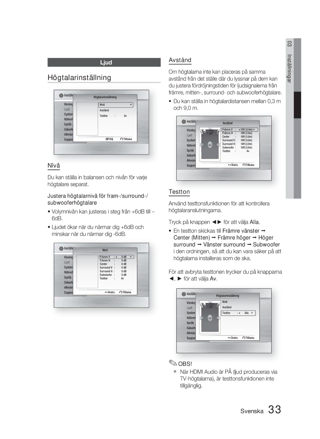 Samsung HT-C5900/XEE manual Högtalarinställning, Ljud, Nivå, Avstånd, Testton 