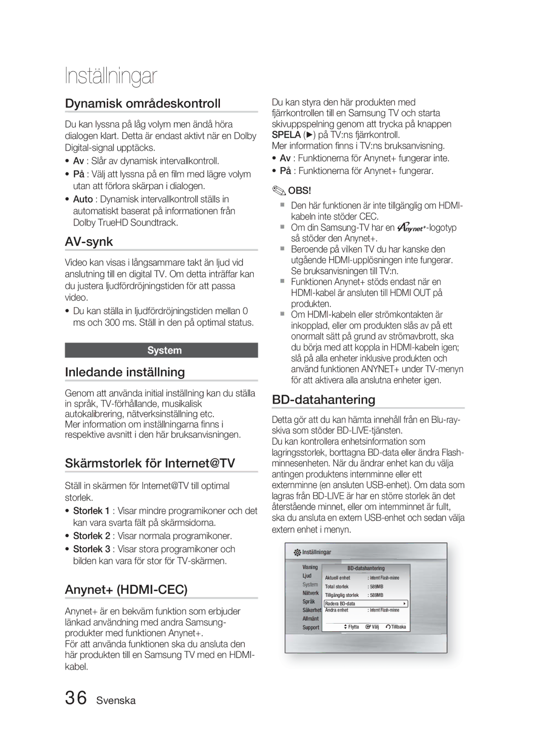 Samsung HT-C5900/XEE manual Dynamisk områdeskontroll, AV-synk, Inledande inställning, Skärmstorlek för Internet@TV 