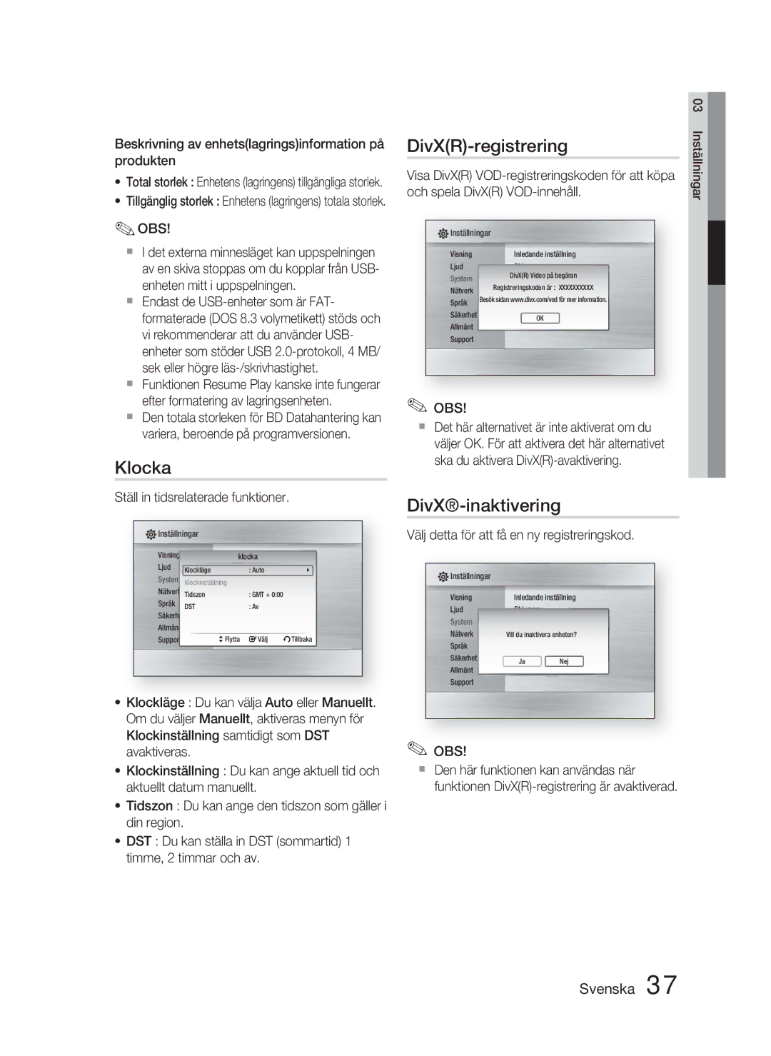 Samsung HT-C5900/XEE manual Klocka, DivXR-registrering, DivX-inaktivering 