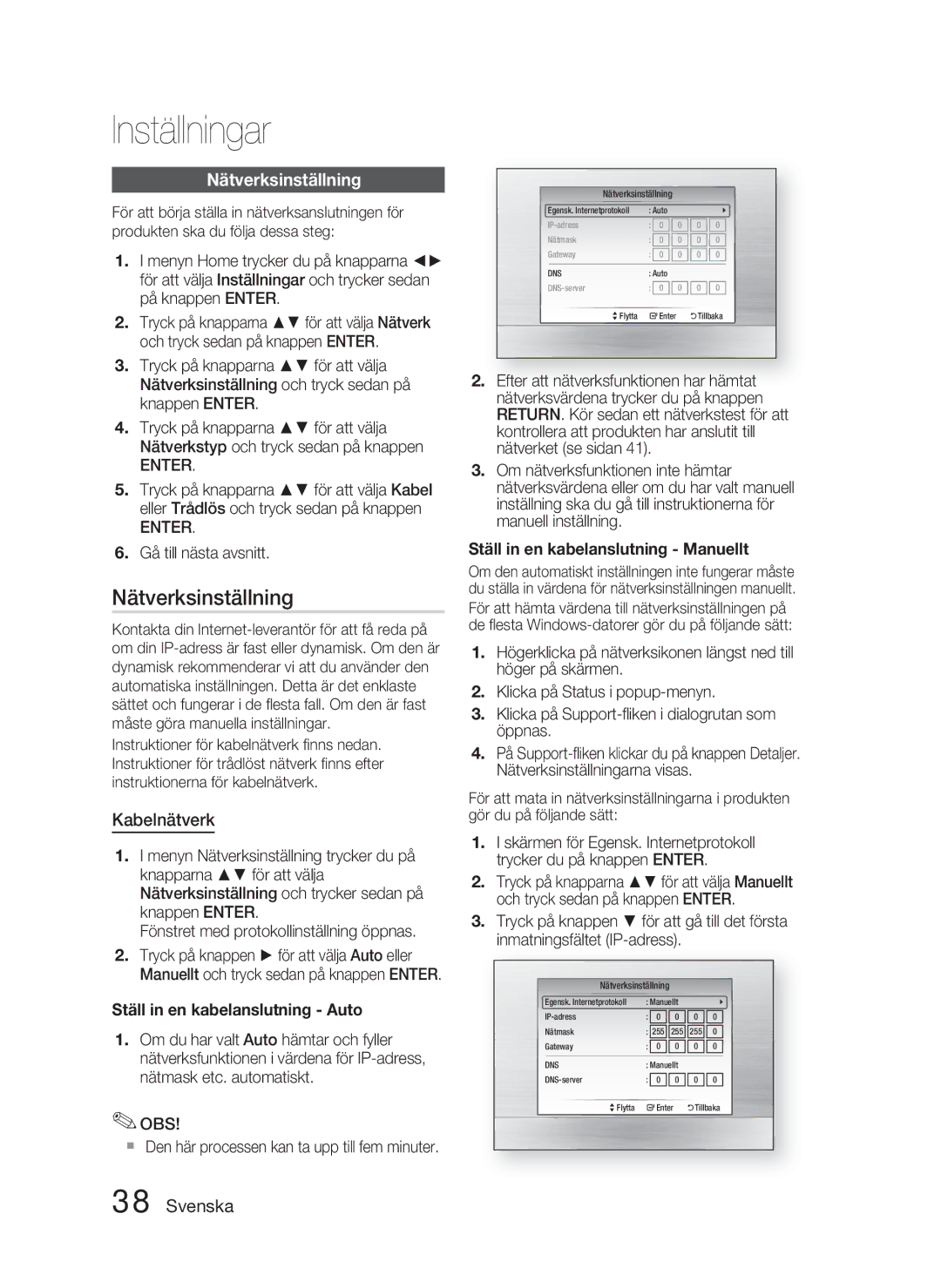 Samsung HT-C5900/XEE manual Nätverksinställning, Kabelnätverk, Gå till nästa avsnitt 