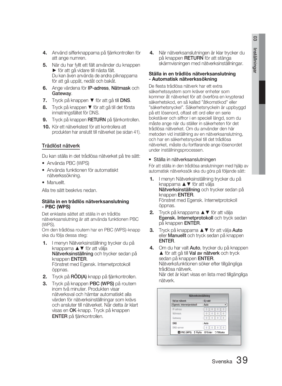 Samsung HT-C5900/XEE manual Trådlöst nätverk,  Ställa in nätverksanslutningen 