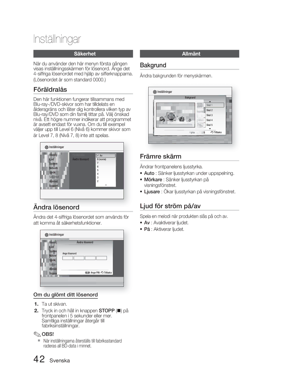 Samsung HT-C5900/XEE manual Föräldralås, Ändra lösenord, Bakgrund, Främre skärm, Ljud för ström på/av 