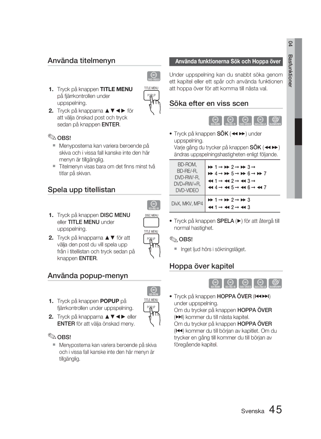 Samsung HT-C5900/XEE manual Använda titelmenyn, Spela upp titellistan, Använda popup-menyn 